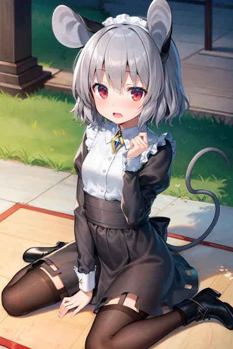 masterpiece, best quality, <lora:nazrin:1>,1girl, solo, mouse ears, animal ears, nazrin, tail, pantyhose, mouse tail, grey hair, red eyes, alternate costume, sitting, black pantyhose, short hair, open mouth, hairband, wariza, blush, enmaided, maid, long sleeves, skirt, looking at viewer, boots, maid headdress, jewelry, bow, dowsing rod, dress, wrist cuffs, shirt, tail ornament