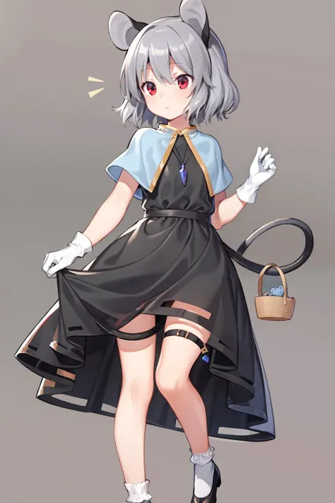 masterpiece, best quality, <lora:nazrin:1>,1girl, nazrin, basket, mouse, solo, animal ears, tail, mouse tail, mouse ears, grey hair, gloves, short hair, jewelry, pendant, red eyes, white gloves, alternate costume, capelet, dress, adapted costume, socks, simple background