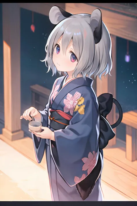 masterpiece, best quality, <lora:nazrin:1>,1girl, solo, animal ears, japanese clothes, tanabata, hair ornament, kimono, mouse ears, nazrin, flower, hair flower, tail, grey hair, short hair, mouse tail, tanzaku, looking at viewer, alternate costume, yukata, red eyes, wide sleeves, sash, from above, letterboxed, floral print, obi, long sleeves, blush, hair between eyes, sandals, bamboo, looking up, holding, standing, blue kimono, pink eyes <lora:style01:1>