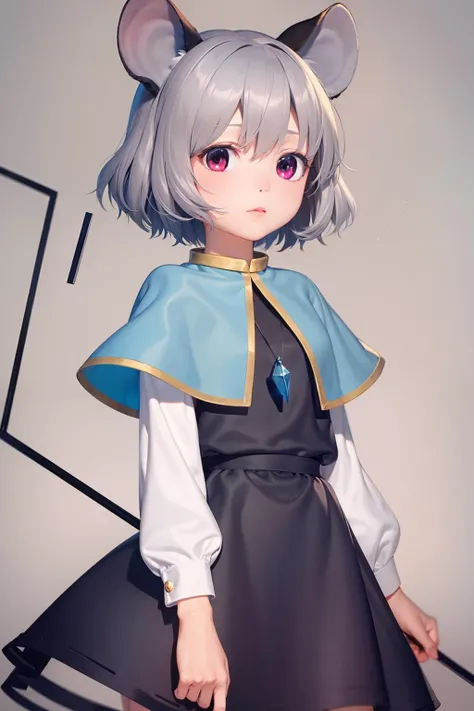 masterpiece, best quality, <lora:nazrin:1>,1girl,nazrin,animal ears, grey hair,short hair,red eyes,pendant, capelet,mouse tail,black dress,simple background,grey background, dowsing rod