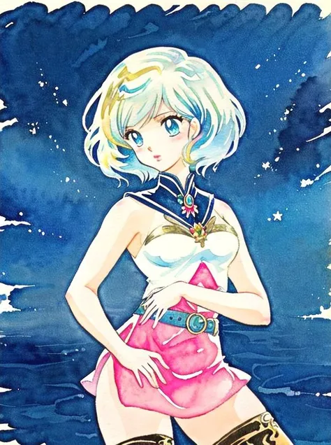 <lora:AsheLORA:1>ashelia b'nargin dalmasca, Ashelia, short hair, AsheliaOutfit, miniskirt, thighhighs, jewelry, blonde hair, takahashi rumiko, watercolor \(medium\), retro artstyle, <lora:takahashi_rumiko_offset:1>