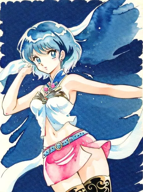 <lora:AsheLORA:1>ashelia b'nargin dalmasca, Ashelia, short hair, AsheliaOutfit, miniskirt, thighhighs, jewelry, takahashi rumiko, watercolor \(medium\), retro artstyle, <lora:takahashi_rumiko_offset:1>