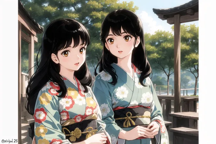 retro artstyle,,beautiful,masterpiece,best quality,detailed face,perfect lighting,
2girl,solo,cute,Mature,25y beautiful woman,surprised,doubt,black Long straight hair,,,
,<lora:takahashi_rumiko_offset:0.5>,kimono,temple,outdoors,wood,,Watching the audience, (Tie your hair:1.1),