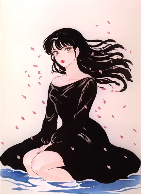 takahashi rumiko, masterpiece, best quality, 1990s \(style\), otonashi kyouko, 1girl, black dress, black hair, brown eyes, dress, floating hair, lips, lipstick, long hair, long sleeves, makeup, petals, simple background, sitting, solo, traditional media <lora:takahashi_rumiko_offset:1.2>