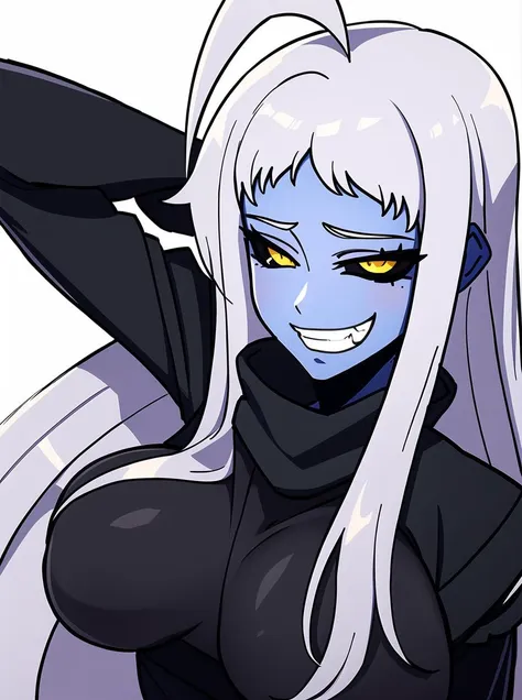 jk, 2d art, 2d render, splash art, illustration, digital art, hard shading, 1girl, (blue skin:1.1), (colored skin:1.1), (black sclera:1.2), smile, teeth, evil grin, white hair, long hair, yellow eyes, (huge ahoge:1.3), (lalamon:1.3), black scarf, looking at viewer, (medium breasts:1.2), solo, clothed, black shirt,  <lora:lala:0.75>   <lora:jkStyle_jkfinal:0.7>