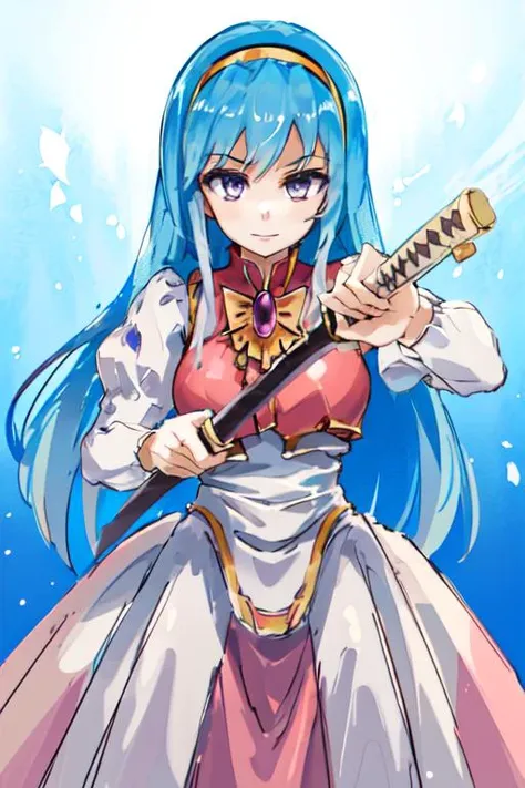 (Highly detailed, High Quality, Masterpiece, beautiful:1.3),
<lora:lufiatia-nvwls-v1:1.0> (1girl, solo:1.4), (lufiaTia, hairband, dress, brooch:1.125), (light-blue_hair, purple_eyes:1.25), (taut dress, large_breasts:1.03125), (smile:smirk:0.75), BREAK,
IncrsUnsheathingAKatanaMeme, sheath, holding sheath <lora:ChihiroUnsheathingAKatanaMeme:0.75>