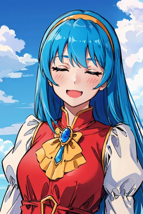 masterpiece, best quality, <lora:lufiatia-nvwls-v1-000010:0.8> lufiaTia, hairband, dress, brooch, smile, happy, :D, closed eyes, upper body, sky, clouds, face focus
