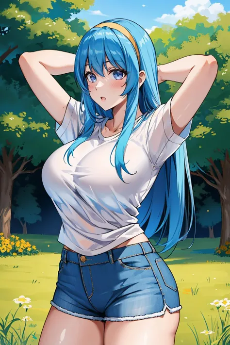 A woman wearing a navy blue American football shirt, number 20 on the shirt, denim shorts, big breasts, blue eyes, long hair, navy blue hair, smiling, perfect face, perfect eyes, standing on a sidewalk in a park, city in the very back, a place with trees, a place during the day,r,UHD , prime work , accurate , anatomically correct , textured skin , super details , high quality , best quality, 8k, high resolution, bokeh effect. (woman solo), close view
