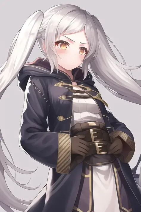 1girl,white hair, twintails, solo, long_hair, bangs, looking_at_viewer, hood,brown eyes,, masterpiece, best quality,<lora:robin-grima:0.85>