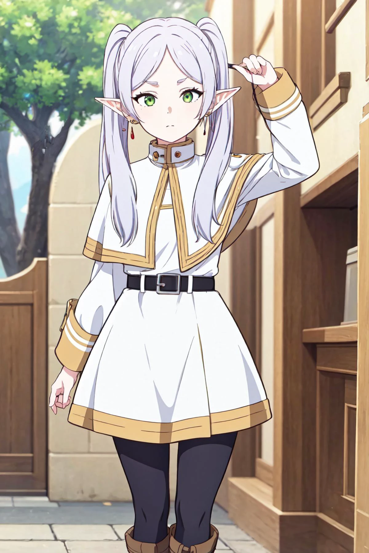 masterpiece, best quality, ultra detailed, highres, frieren, green eyes, solo, long hair,twintails,parted bangs,earrings,jewelry,dress,long sleeves,white capelet,belt,black pantyhose,boots,brown footwear, outdoors <lora:frieren:0.6>
<lora:hypnopendulumpovv3_32dim_nai:1> holding, pendulum, hypnosis, mind control