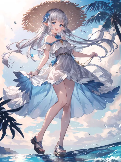 masterpiece,best quality,highres,cinematic lighting,dramatic angle,1girl,silver hair,very long hair,blue eyes,pointy ears,hair ornament,white  dress,bare shoulders,sandals,<lora:CygamesLilyV1-000018:0.8:lbw=1,1,0.1,1,1,0.1,0.1,1,1,1,1,1,1,1,1,1,1>,beach,seaside,poolside,skirt lift,transparent clothing,LilySpring,full body,bowtie,straw hat,stepping and dancing on water,happy,:d,(half-closed eyes:1.3),sunshine,wet,see-through,shy,blush,<lora:add_detail:0.5>