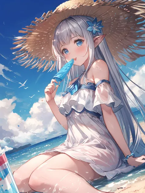 masterpiece,best quality,highres,cinematic lighting,dramatic angle,1girl,silver hair,very long hair,blue eyes,pointy ears,hair ornament,white  dress,bare shoulders,sandals,<lora:CygamesLilyV1-000018:0.8:lbw=1,1,0.1,1,1,0.1,0.1,1,1,1,1,1,1,1,1,1,1>,beach,seaside,LilySpring,bowtie,straw hat aside,eating icecream,happy,portrait,sunshine,sitting,sunshade,shy,blush,<lora:add_detail:0.5>,