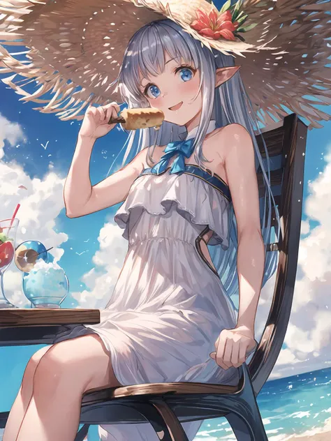 masterpiece,best quality,highres,cinematic lighting,dramatic angle,1girl,silver hair,very long hair,blue eyes,pointy ears,hair ornament,white dress,bare shoulders,sandals,<lora:CygamesLilyV1-000018:0.8:lbw=1,1,0.1,1,1,0.1,0.1,1,1,1,1,1,1,1,1,1,1>,beach,seaside,LilySpring,bowtie,straw hat aside,eating icecream,happy,portrait,sunshine,sitting,sunshade,shy,blush,<lora:add_detail:0.5>,wooden desk and chair