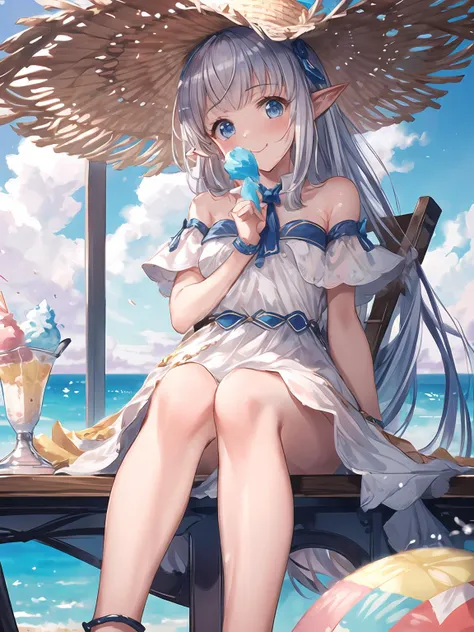 masterpiece,best quality,highres,cinematic lighting,dramatic angle,1girl,silver hair,very long hair,blue eyes,pointy ears,hair ornament,white  dress,bare shoulders,sandals,<lora:CygamesLilyV1-000018:0.8:lbw=1,1,0.1,1,1,0.1,0.1,1,1,1,1,1,1,1,1,1,1>,beach,seaside,LilySpring,bowtie,straw hat aside,eating icecream,happy,portrait,sunshine,sitting,sunshade,shy,blush,<lora:add_detail:0.5>,wooden desk and chair,seductive pose,melting icecream on cloth,