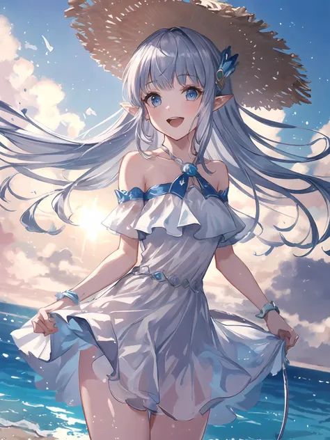 masterpiece,best quality,highres,cinematic lighting,dramatic angle,1girl,silver hair,very long hair,blue eyes,pointy ears,hair ornament,white  dress,bare shoulders,sandals,<lora:CygamesLilyV1-000018:0.8:lbw=1,1,0.1,1,1,0.1,0.1,1,1,1,1,1,1,1,1,1,1>,beach,seaside,poolside,skirt lift,transparent clothing,LilySpring,cowboy shot,bowtie,straw hat,stepping on water,happy,:d,half-closed eyes,sunshine,