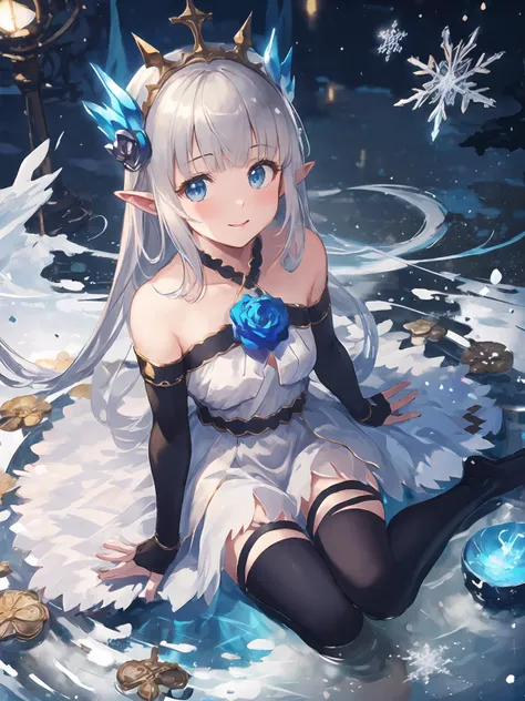 masterpiece,best quality,highres,cinematic lighting,dramatic angle,1girl,hime cut,blue eyes,pointy ears,hair ornament,white dress,bare shoulders,elbow fingerless gloves,cross-laced black legwear,<lora:CygamesLilyV1-000018:0.8:lbw=1,1,0.1,1,1,0.1,0.1,1,1,1,1,1,1,1,1,1,1>,snowflakes,happy,looking at viewer,sitting,blue rose,from above