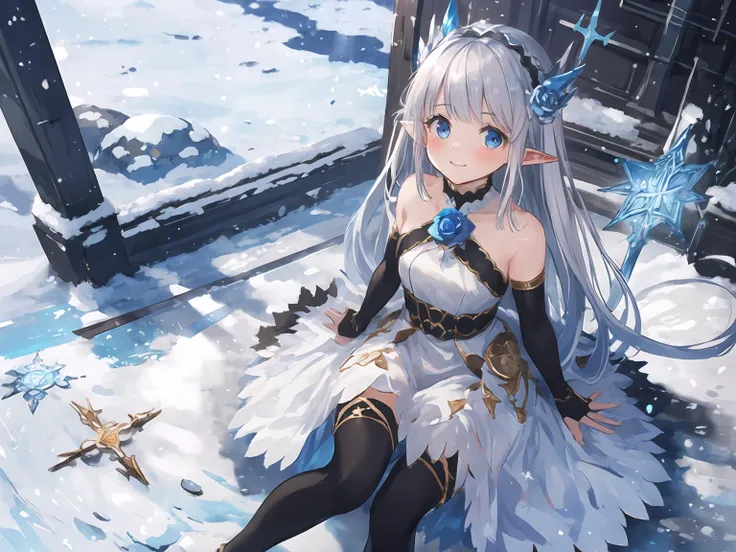 masterpiece,best quality,highres,cinematic lighting,dramatic angle,1girl,silver hair,hime cut,blue eyes,pointy ears,hair ornament,white dress,bare shoulders,elbow fingerless gloves,cross-laced black legwear,<lora:CygamesLilyV1-000018:0.8:lbw=1,1,0.1,1,1,0.1,0.1,1,1,1,1,1,1,1,1,1,1>,snowflakes,happy,looking at viewer,sitting,blue rose,from above,on thick ice with snow,