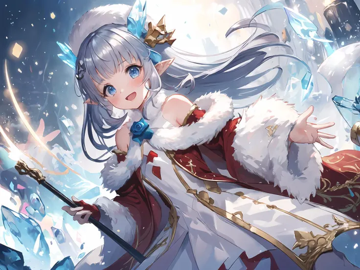 masterpiece,best quality,highres,cinematic lighting,dramatic angle,1girl,silver hair,hime cut,blue eyes,pointy ears,hair ornament,white and red dress,fur trim,thick coat,bare shoulders,elbow fingerless gloves,white pantyhose,layered dress,<lora:CygamesLilyV1-000018:0.8:lbw=1,1,0.1,1,1,0.1,0.1,1,1,1,1,1,1,1,1,1,1>,happy,:d,looking at viewer,cowboy shot,LilyChristmas,holding ice as  baton,concert,floating icele magical notes,headwear