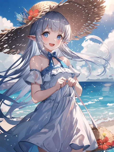 masterpiece,best quality,highres,cinematic lighting,dramatic angle,1girl,silver hair,very long hair,blue eyes,pointy ears,hair ornament,white  dress,bare shoulders,sandals,<lora:CygamesLilyV1-000018:0.8:lbw=1,1,0.1,1,1,0.1,0.1,1,1,1,1,1,1,1,1,1,1>,beach,seaside,poolside,skirt lift,transparent clothing,LilySpring,cowboy shot,bowtie,straw hat,stepping on water,happy,:d,half-closed eyes,sunshine,