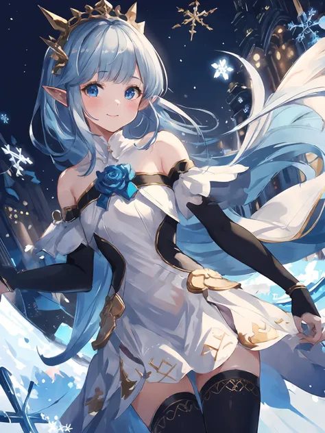 masterpiece,best quality,highres,cinematic lighting,dramatic angle,1girl,hime cut,blue eyes,pointy ears,hair ornament,white dress,bare shoulders,elbow fingerless gloves,cross-laced black legwear,<lora:CygamesLilyV1-000018:0.8:lbw=1,1,0.1,1,1,0.1,0.1,1,1,1,1,1,1,1,1,1,1>,snowflakes,happy,looking at viewer,