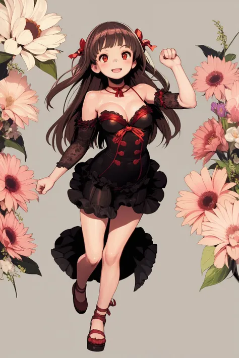 full body, solo, 1girl, look up to, smile, blush, medium breasts, sidelighting, Red_Ribbons \(flower\), floral background <lora:gyokai_himehajime_style_v01.10:1>