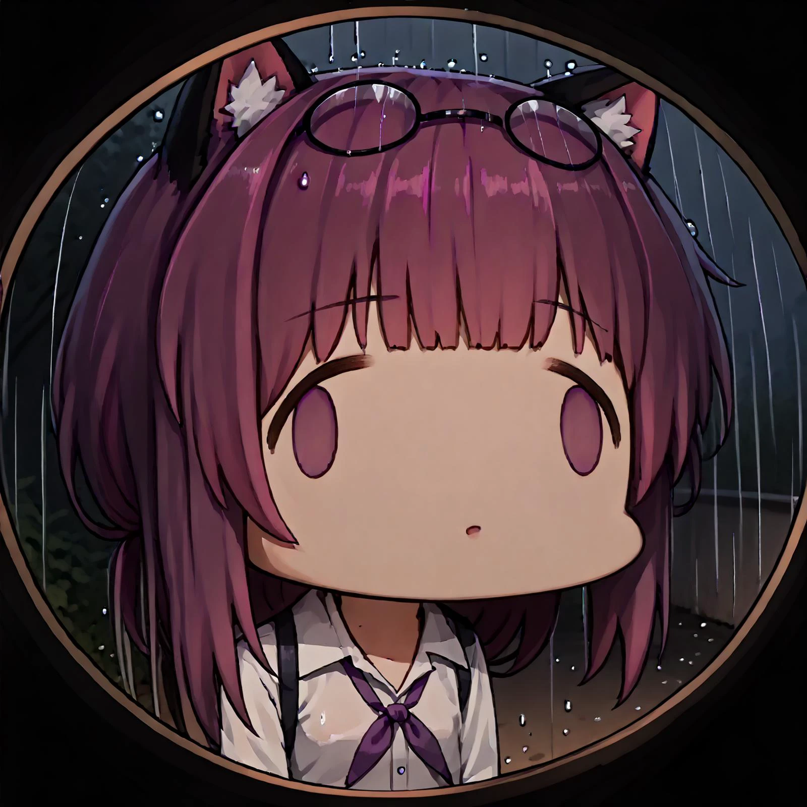 score_9, score_8_up, score_7_up BREAK solo, potkafka,no pupils,purple hair,purple eyes,eyewear on head,white shirt, cat ears, fx-face, face_of_the_people_who_sank_all_their_money_into_the_fx_(meme), fisheye, outdoors, raining,night <lora:potkafka_v1.6:1> <lora:doorFisheyeConceptPDXL_v10:1> <lora:sdxl-fxface-pony:1>