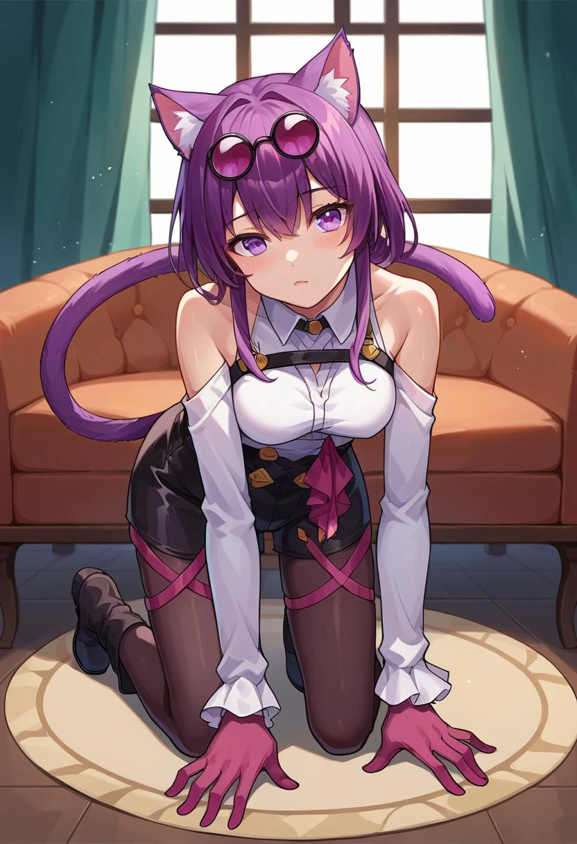 score_9, score_8_up, score_7_up, score_6_up,
BREAK
source_anime, source_explicit,
BREAK
1girl, solo,
<lora:kafuka-pony-Tanger:0.6>, kafuka, purple hair, eyewear on head, purple eyes, gloves, boots,
looking at viewer, head tilt,
;3, cat ears, on_knees, crawling, kneeling, all fours, stretching, cat tail,
pantyhose,