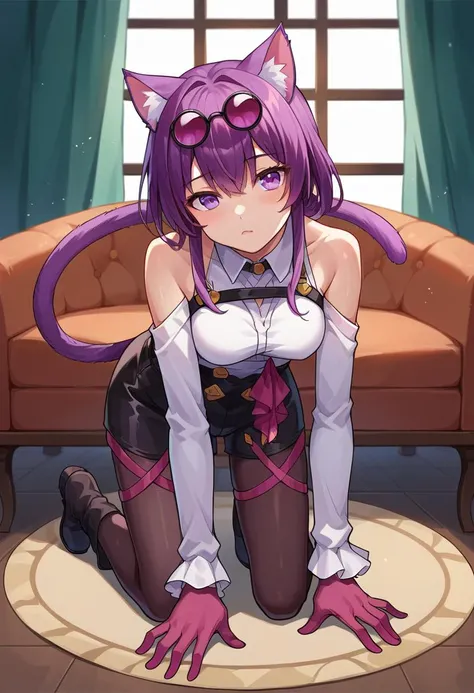 score_9, score_8_up, score_7_up, score_6_up,
BREAK
source_anime, source_explicit,
BREAK
1girl, solo,
<lora:kafuka-pony-Tanger:0.6>, kafuka, purple hair, eyewear on head, purple eyes, gloves, boots, 
looking at viewer, head tilt,  
;3, cat ears, on_knees, crawling, kneeling, all fours, stretching, cat tail, 
pantyhose,