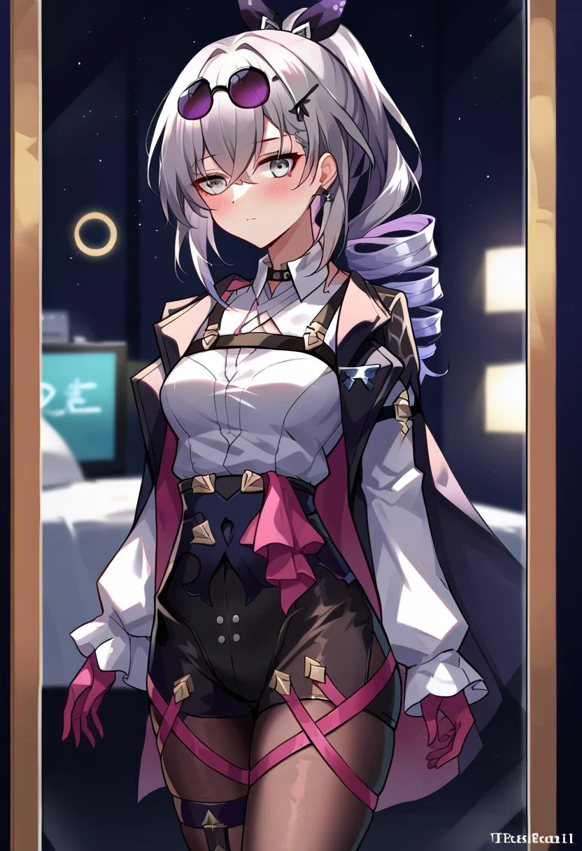 score_9, score_8_up, score_7_up, score_6_up, BREAK source_anime,
BREAK
1girl, solo,
<lora:SilverWolfV1:0.8>, silver wolf \(honkai: star rail\), drill hair, grey eyes, grey hair, light blush,
looking at viewer, mirror, small breasts,
BREAK
<lora:kafuka-pony-Tanger:0.8>, gloves, pantyhose, sunglasses, eyewear on head, white shirt, black short, bangs, long sleeves, jacket,
BREAK
<lora:darkstyle:0.7>, neodark,