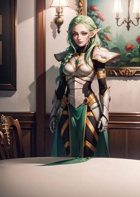 (1girl, light green hair absurdly long hair low-braided long hair, forced smile, elf ears) (digital) (in detailed dining room, (armor )) , best quality, <lora:boldline:0.2> <lora:hairdetailer:0.2> (aeldari, armor) <lora:aeldari:1>