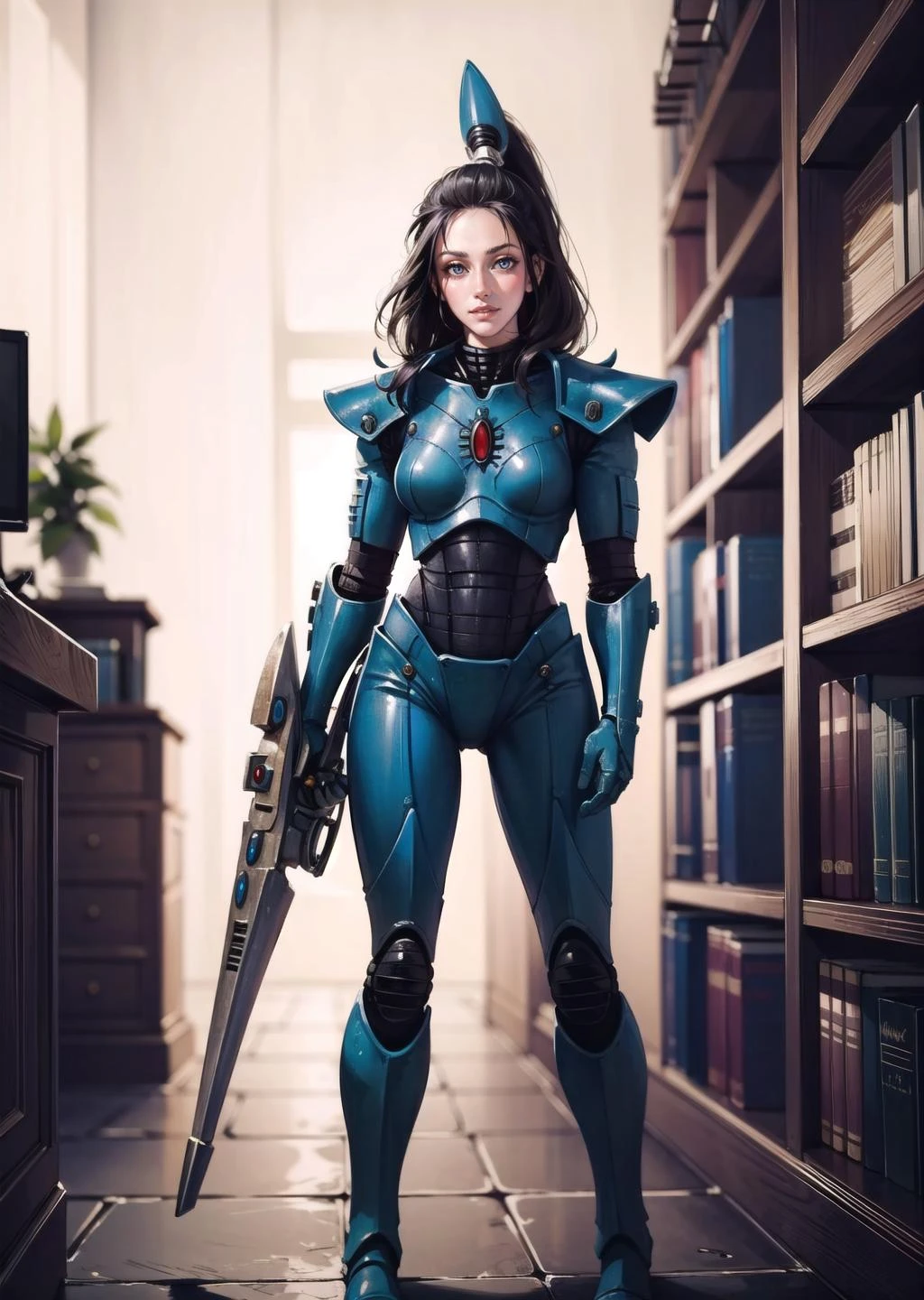 (1girl, solo) (digital) ( in detailed library, (power armor)) , best quality, <lora:boldline:0.2> <lora:hairdetailer:0.2> (aeldari, armor) <lora:aeldari:0.85>