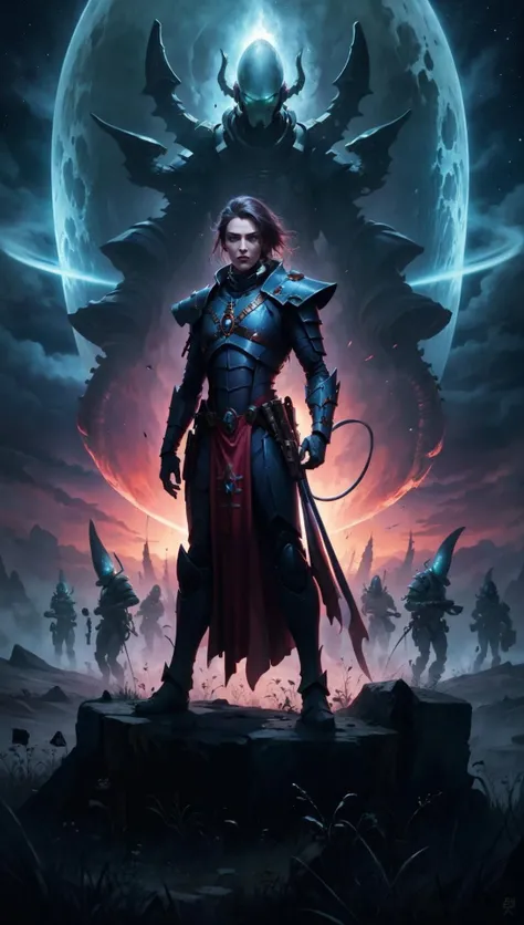 aeldari,Biel-Tan warlock wearing armor and robes, standing on alien world, battlefield horrors, magic detonating in the sky <lora:aeldari:0.8>