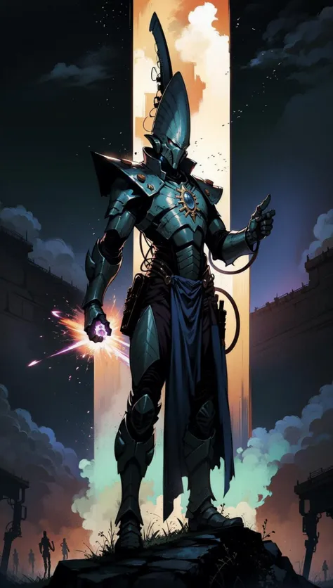 aeldari,Biel-Tan warlock wearing armor and robes, standing on alien world, battlefield horrors, magic detonating in the sky <lora:aeldari:0.8>