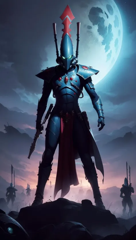 aeldari,Biel-Tan warlock wearing armor and robes, standing on alien world, battlefield horrors, magic detonating in the sky <lora:aeldari:0.8>