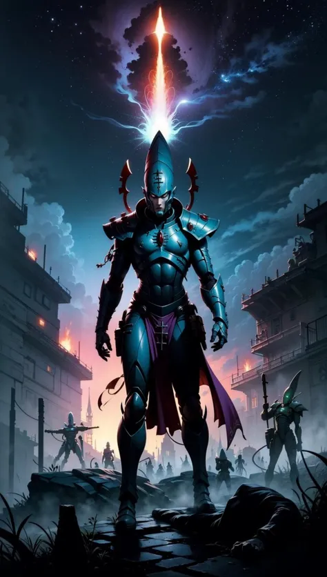 aeldari,Biel-Tan warlock wearing armor and robes, standing on alien world, battlefield horrors, magic detonating in the sky <lora:aeldari:0.8>