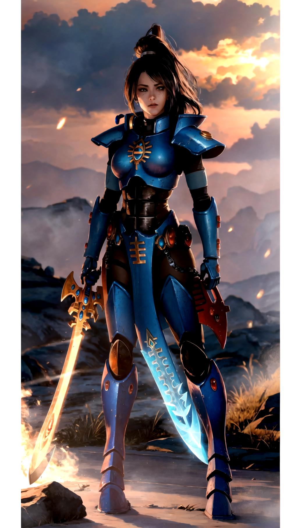 A woman in armor holding a sword standing on a rocky ground - SeaArt AI