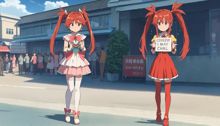 score_9,score_8_up,score_7_up,score_6_up,<lora:CoMix_BGXL>,<lora:MeMaXL_V2:0.5>,source_anime,1girl,magical girl,multicolored dress,(crowd:1.5),front view,full body,long hair,twintails,red hair,brown eyes,standing,thighhighs,close up,sweating profusely,outside,street,holding sign,cloudy sky,city,shop,