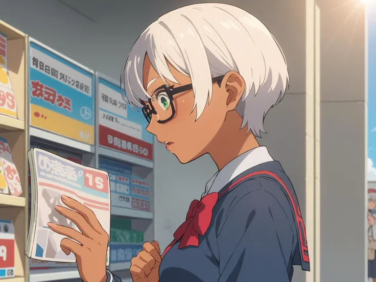 score_9,score_8_up,score_7_up,score_6_up,source_anime,anime screencap,<lora:CoMix_BGXL>,convenience store,magazine stand,reading comic,vending_machine,cloudy sky,sunlight,1girl,from_side,looking down,close-up,school uniform,short hair,white hair,dark skin,green eyes,glasses,upper body,medium breasts,surprised,