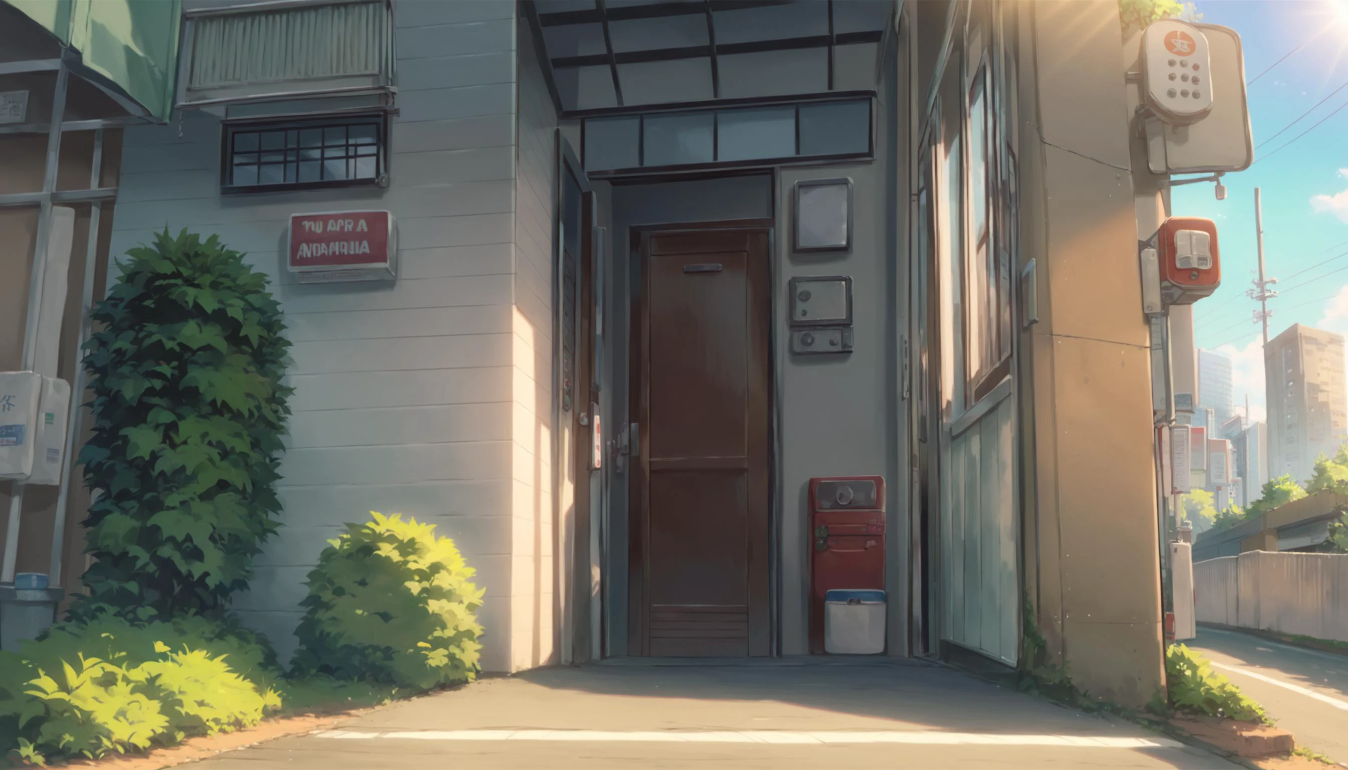 score_9,score_8_up,score_7_up,score_6_up,<lora:CoMix_BGXL:1>,source_anime,close up,from_below,scenery,outdoors,apartment,door,building,power lines,utility pole,road,tree,blue sky,fence,sunlight,window,sign,lamppost,bush,no humans,