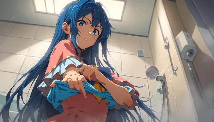 score_9,score_8_up,score_7_up,score_6_up,<lora:CoMix_BGXL>,<lora:MeMaXL_V2:0.5>,source_anime,bathroom,1girl,magical girl,multicolored dress,from below,upper body,long hair,blue hair,blue eyes,undressing,