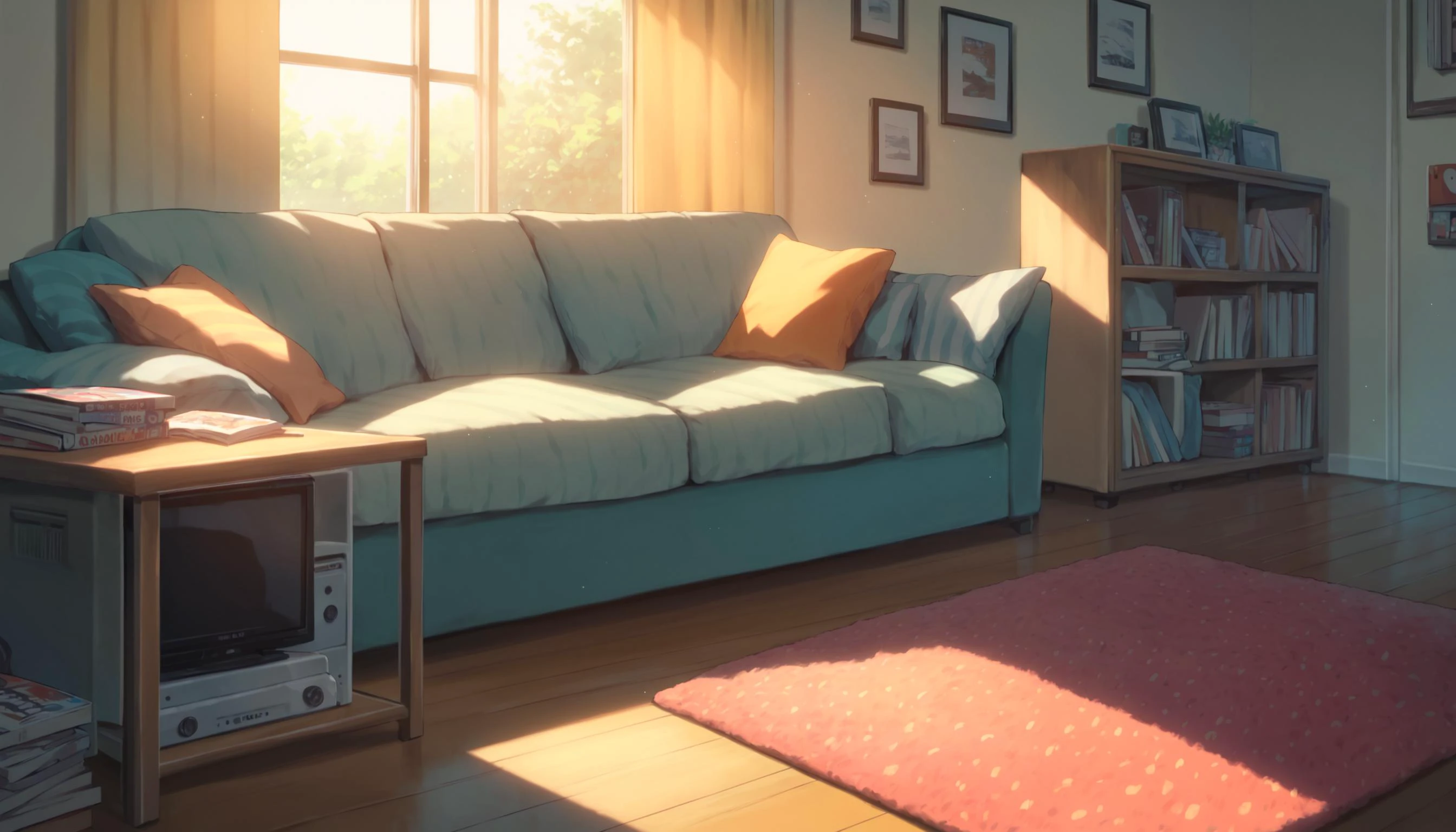 score_9,score_8_up,score_7_up,score_6_up,<lora:CoMix_BGXL:1>,source_anime,close up,from side,scenery,indoors,living room,couch,table,cup,magazine,sunlight,television,cooler,window,no humans,