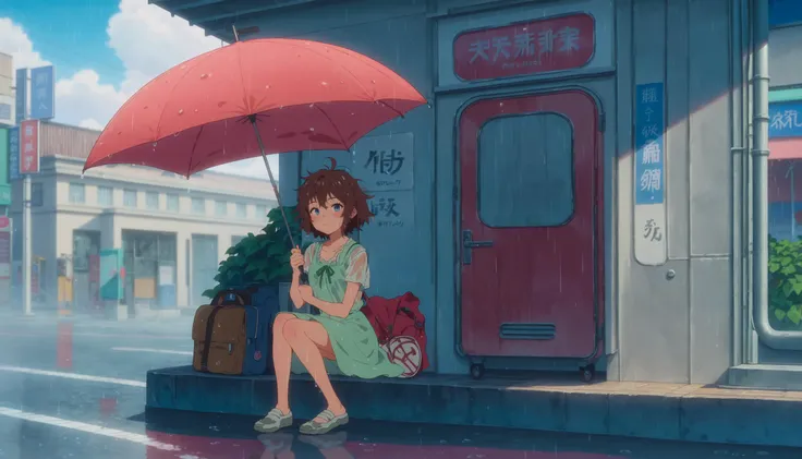 score_9,score_8_up,score_7_up,score_6_up,source_anime,anime screencap,old building,street,bus stop,lamppost,umbrella,holding umbrella,rain clouds in the distance,road sign,cloudy sky,sun,solo,1girl,looking at viewer,full body,blush,smile,brown hair,blue eyes,messy hair,medium hair,small breasts,green sundress,wet clothes,sitting,bag,reflective floor,<lora:CoMix_BGXL:1>,