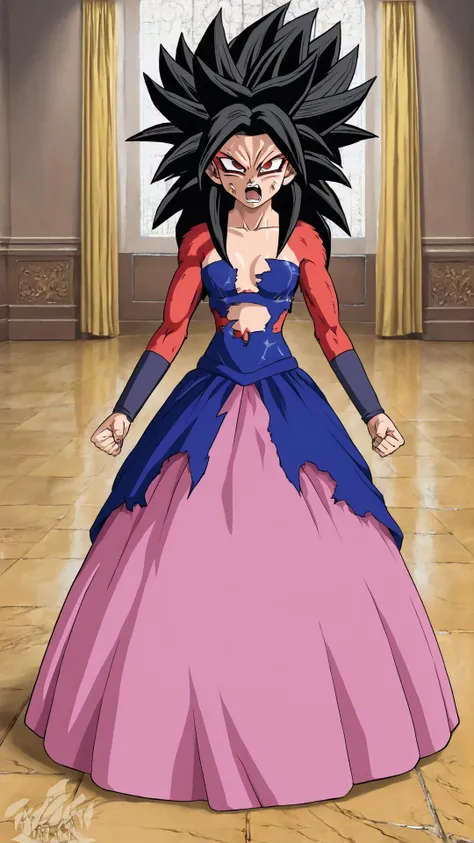 <lora:Super_Saiyan_4_Caulifla_Pony:0.8> Super Saiyan 4 Caulifla, 1girl, long black hair, body fur, red fur, angry, screaming, rage, no pupils, <lora:CoMix_BGXL_V2:0.8> golden tile floor, palace, curtains, <lora:edgBallgownPonyv1:0.8> ballgown, a woman in a dress posing for a picture, wearing a ballgown, ripping of own clothes, holding her shirt open and looking up with her hands on her chest, torn clothes, pink dress, blue dress, jewelry, shiny clothes, score 9, score 8 up, score 7 up, score 6 up, score 5 up, score 4 up, BREAK,