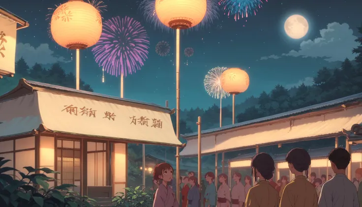 score_9,score_8_up,score_7_up,score_6_up,source_anime,anime screencap,<lora:CoMix_BGXL>,night,close-up,crowd,multiple girls,kimono,upper body,looking up,outdoors,tree,nature,plant,forest,night sky,moon,fireworks,aerial fireworks,