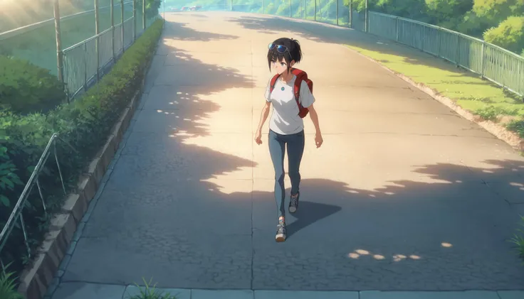 score_9,score_8_up,score_7_up,score_6_up,source_anime,anime screencap,<lora:CoMix_BGXL>,crowd,1girl,walking,backpack,sunglasses on head,from above,white shirt,jeans,full body,short hair,ponytail,black hair,blue eyes,medium breasts,skindentation,sunlight,outdoors,tree,nature,day,plant,forest,grass,cinematic_angle,landscape,