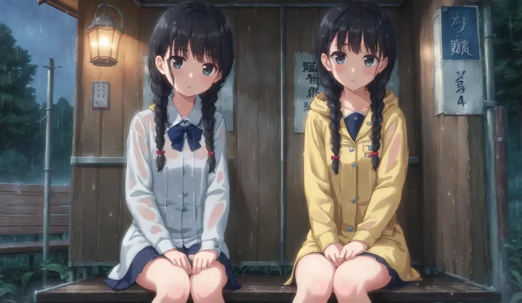 outdoors, forest, night, rain, shelter, bus stop, 1girl, school uniform, black hair, twinbraids, sitting, raincoat, looking at viewer, closeup <lora:CoMix_BGXL:1>