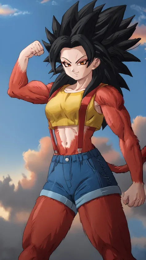 <lora:Super_Saiyan_4_Caulifla_Pony:0.8> Super Saiyan 4 Caulifla, 1girl, long black hair, body fur, red fur, smirk, flexing,  <lora:Misty_Pokemon_Cosplay_Pony:0.8> misty (pokemon:1.10) (cosplay:1.10), yellow crop top, suspenders, denim shorts <lora:CoMix_BGXL_V2:0.8> cloud, sky, outdoors, sunset, large cloud, colorful cloud, cloudy sky, colorful sky, blue sky, sunlight, score 9, score 8 up, score 7 up, score 6 up, score 5 up, score 4 up, BREAK,