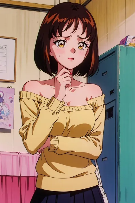 1girl, solo, dof, sahara desert, day, paw pose, brown hair, long auburn hair, bob cut, orange eyes, pale skin, off-shoulder sweater, pleated skirt, breast expansion, tearing up .<lora:EPTakeuchiNaokoStyle-03:1> EPTakeuchiNaokoStyle, 1990s \(style\), anime screencap, retro artstyle, anime coloring, traditional media