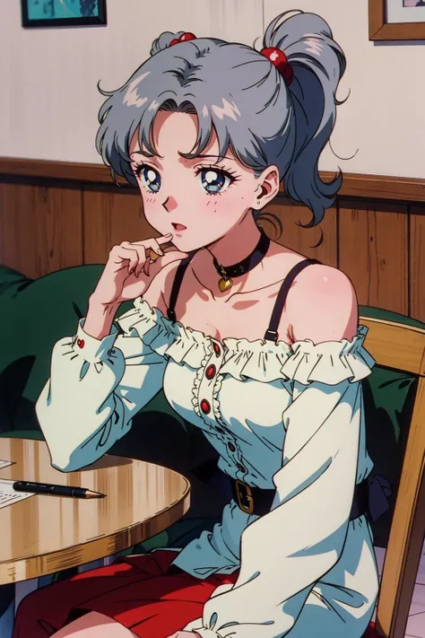 1girl, solo, perspective, dining room, day, index finger raised, gray hair, blond braids, twin ponytails, gray eyes, pale skin, off-shoulder dress, medallion, winch bumper, breast expansion, relaxed .<lora:EPTakeuchiNaokoStyle-03:1> EPTakeuchiNaokoStyle, 1990s \(style\), anime screencap, retro artstyle, anime coloring, traditional media