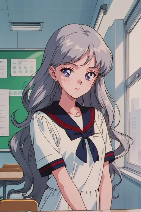 (masterpiece, best quality, beautiful and aesthetic:1.3), 1girl, light smile, solo, EPTakeuchiNaokoStyle, light purple hair, long hair, wavy hair, upper body, closeup portrait, school uniform, sailor collar, looking at viewer, indoors, school, classroom, windows, standing, 1990s \(style\), anime screencap, retro artstyle, anime coloring, traditional media, <lora:EPTakeuchiNaokoStyle:1>